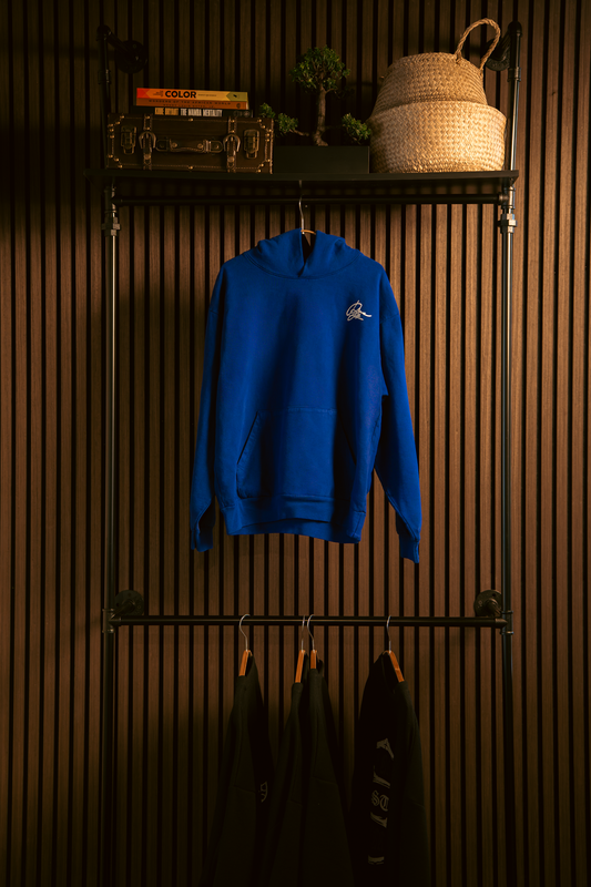"inside or outside" blue hoodie